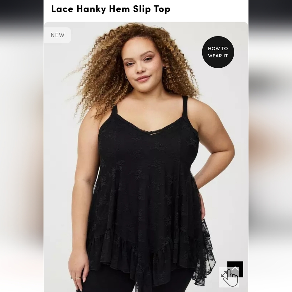 Lace Hanky Hem Slip Top - Black Very Sheer